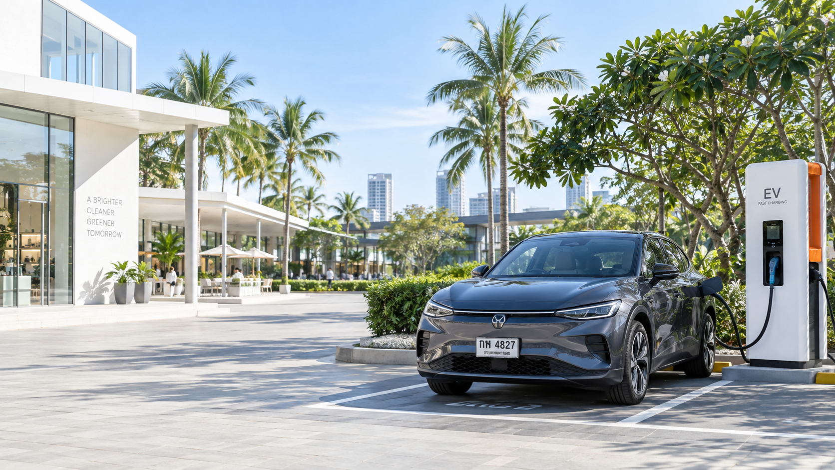 Illustrative daylight scene of an electric vehicle at a destination charging site